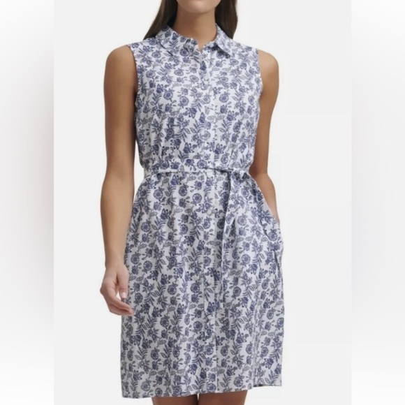 Tommy Hilfiger Dresses & Skirts - Tommy Hilfiger Blue and White Linen Cotton Floral Button Down Midi Dress